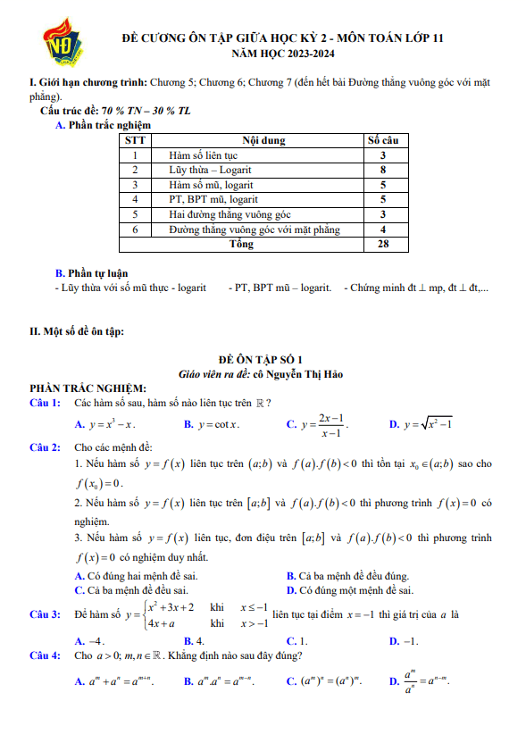 03 de on tap giua hoc ki 2 hk2 lop 11 mon toan nam 2023 2024 truong thpt viet duc ha noi d
