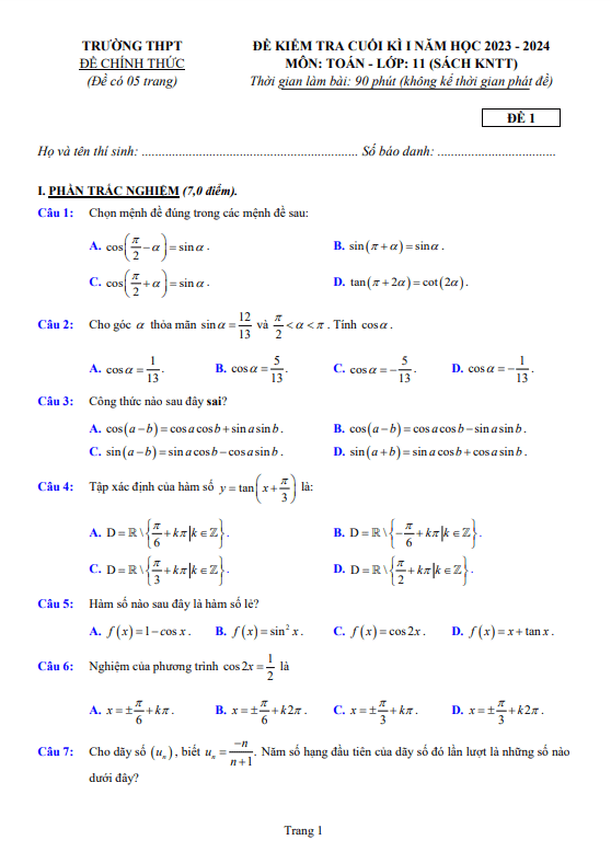 05 de tham khao kiem tra cuoi hoc ki 1 hk1 lop 11 mon toan knttvcs d