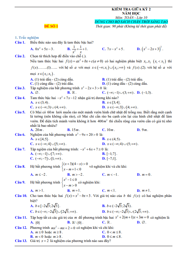 10 de kiem tra giua hoc ki 2 hk2 lop 10 mon toan chan troi sang tao co dap an va loi giai d