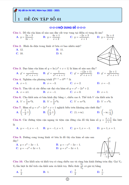 10 đề ôn tập cuối học kì 1 (HK1) lớp 12 môn Toán mức độ cơ bản 7 10 de on tap cuoi hoc ki 1 hk1 lop 12 mon toan muc do co ban d