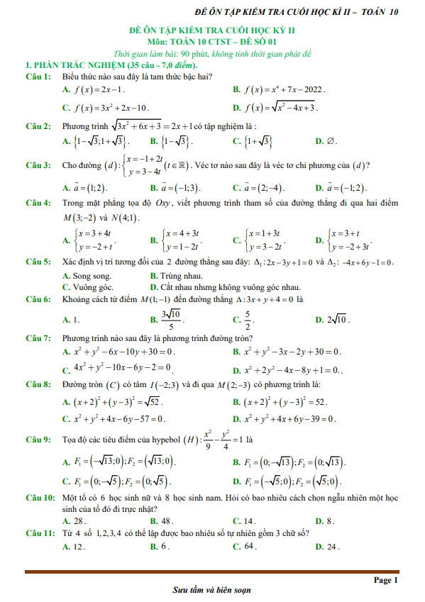 10 de on tap cuoi hoc ki 2 hk2 lop 10 mon toan chan troi sang tao 70 tn 30 tl d