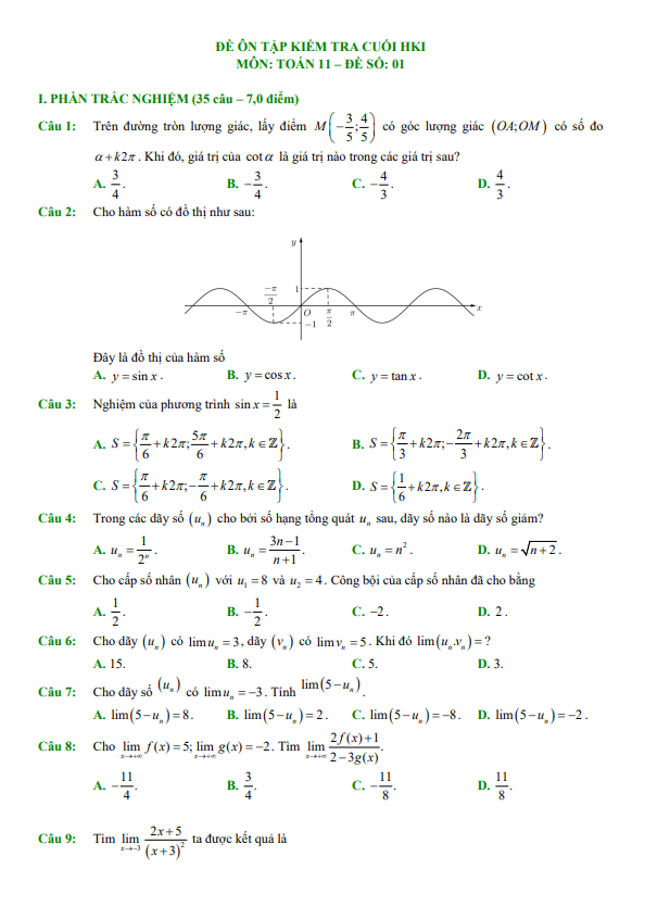 10 de on tap kiem tra cuoi hoc ki 1 hk1 lop 11 mon toan canh dieu 70 tn 30 tl d