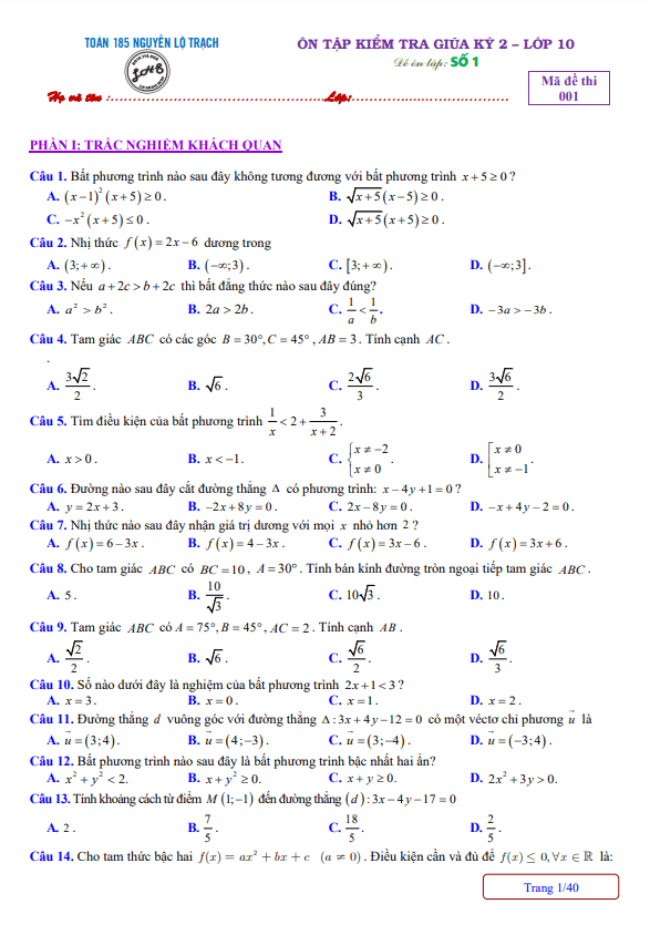 10 de on tap kiem tra giua hoc ki 2 hk2 lop 10 mon toan co dap an va loi giai chi tiet d