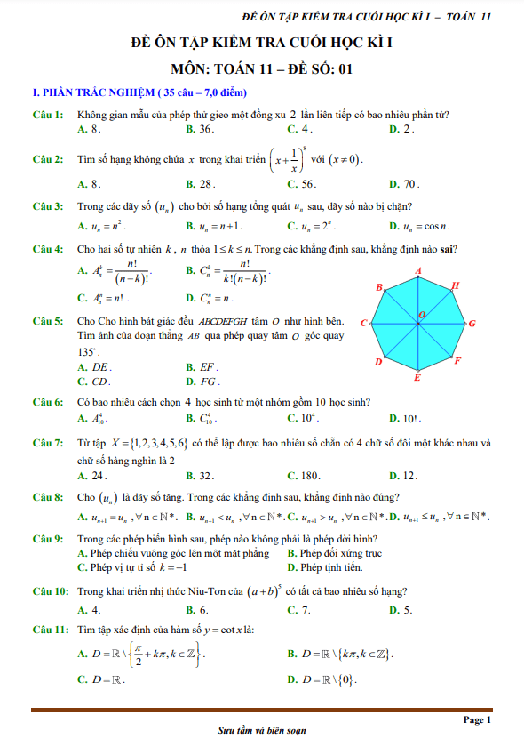 12 đề ôn tập kiểm tra cuối học kì 1 (HK1) lớp 11 môn Toán (70% TN + 30% TL) 8 12 de on tap kiem tra cuoi hoc ki 1 hk1 lop 11 mon toan 70 tn 30 tl d