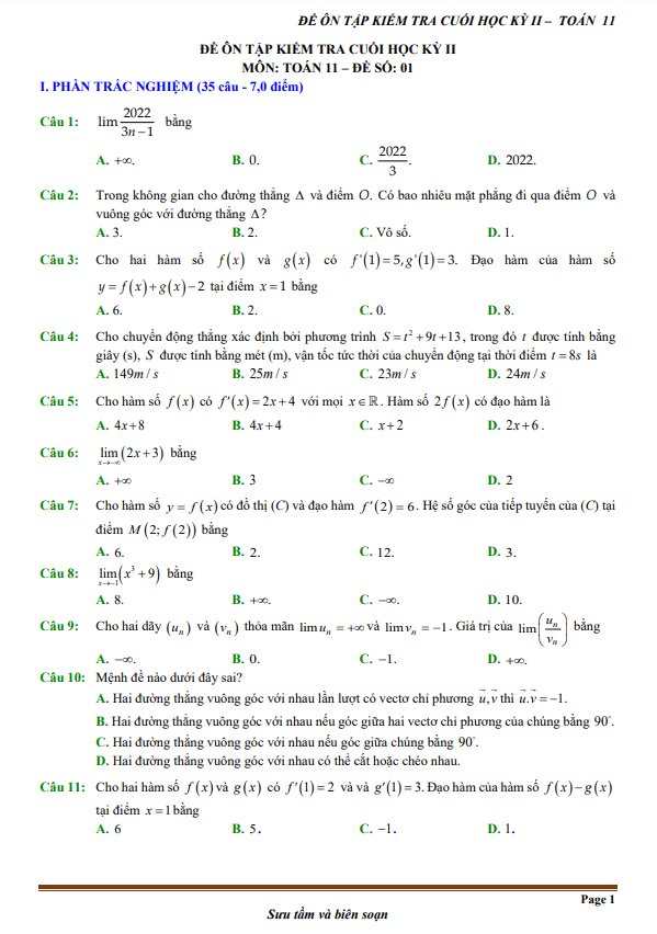 15 de on tap kiem tra cuoi hoc ki 2 hk2 lop 11 mon toan 70 tn 30 tl d