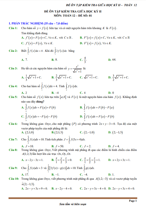 15 de on tap kiem tra giua hoc ki 2 hk2 lop 12 mon toan 70 tn 30 tl d