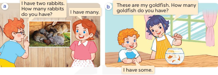 Tiếng Anh lớp 3 Unit 16 Lesson 2 trang 42 Global Success: Bài nghe a. I have two rabbits. How many rabbits do you have? (Mình có 2 con thỏ 5 20230322093724l2 u16 1