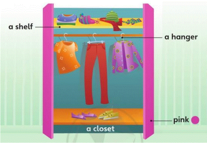 Tiếng Anh lớp 3 Vocabulary 2B Unit 5 trang 89 Explore Our World: B35. a shelf: cái kệ a hanger: mắc áo, móc áo pink: màu hồng a closet 4 20230323031115screenshot 307