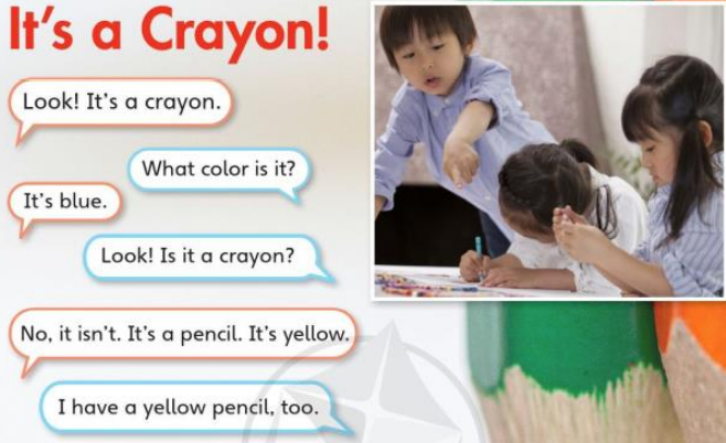 Tiếng Anh lớp 3 Text A Unit 1 trang 28 Explore Our World: It’s a crayon. (Nó là một cây bút màu sáp!) Look! It’s a crayon 5 20230323031406ex1 texta u1 ta3