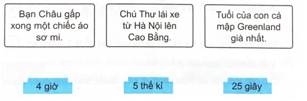 Câu 3 trang 67 VBT Toán 4 - Kết nối tri thức: Nối thời gian thích với mỗi sự việc.Chọn thời gian thích hợp cho mỗi sự việc. 4 2024050709501320 48