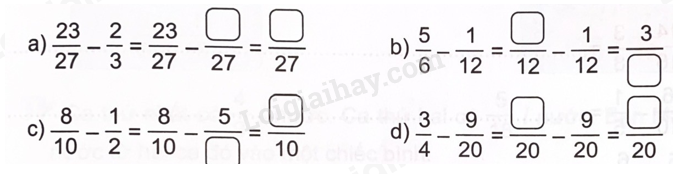 Câu 2 trang 81 VBT Toán 4 - Kết nối tri thức: Số? Muốn trừ hai phân số khác mẫu số, ta quy đồng mẫu số hai phân số, rồi trừ hai phân 7 2024050709545920 3