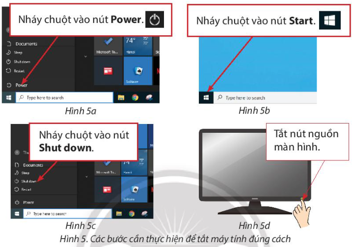 Giải bài luyện tập 1 trang 71 Tin học 3: Quan sát các hình sau và nêu thứ tự các bước cần thực hiện để tắt máy tính đúng 1 2024051309134020