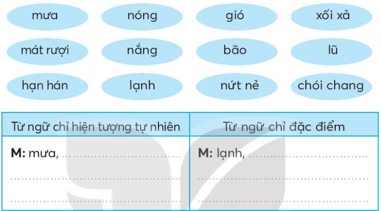 Xếp các từ ngữ dưới đây vào cột thích hợp. Em đọc và phân loại các từ ngữ để hoàn thành bài tập 1 2024051611274421