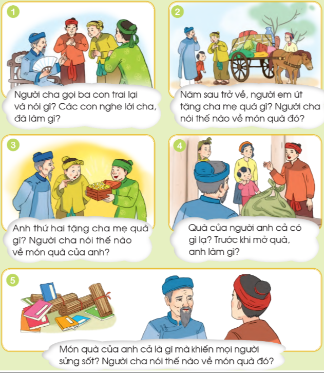 Bài Kể chuyện: Ba món quà trang 98 Tiếng Việt 1 - Cánh diều tập 2: Nghe kể chuyện Ba món quà Gia đình kia có ba người con trai 4 2024051709073915