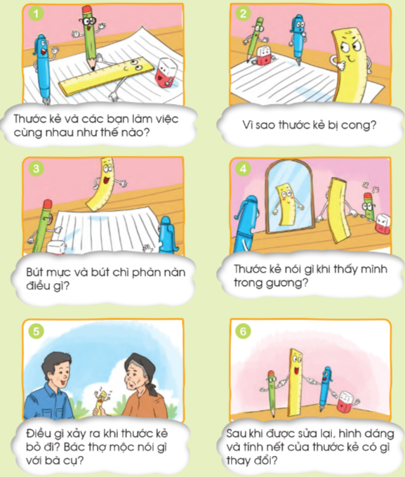 Bài Kể chuyện: Chuyện của thước kẻ trang 152 Tiếng Việt 1 - Cánh diều tập 2: Nghe kể chuyện Chuyện của thước kẻ Thước kẻ, bút mực, bút chì và tẩy kết bạn 4 20240517090758123