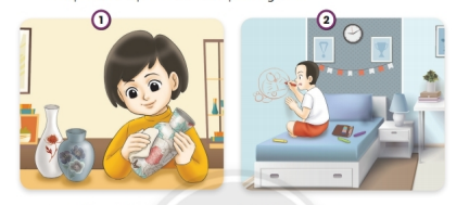 Bạn nữ lau chùi những chiếc bình hoa. Việc làm của bạn giúp bình hoa sáng đẹp hơn. Bạn là người biết bảo quản đồ dùng gia đình 6 20240605094008a40