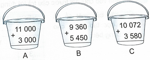 Câu 1 trang 63 Vở thực hành Toán 4: Khoanh vào chữ đặt trước câu trả lời đúng. Kết quả của phép tính ghi trên mỗi chiếc xô là số mi-li-lít sữa bò được 4 2024061708510220 33