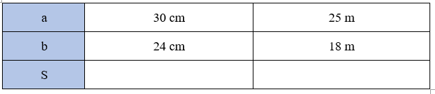 Câu 3 trang 19 Vở thực hành Toán 4: Hoàn thành bảng sau. Tính diện tích S của hình chữ nhật có chiều dài a và chiều rộng b theo công thức S = 7 2024061708535220 42