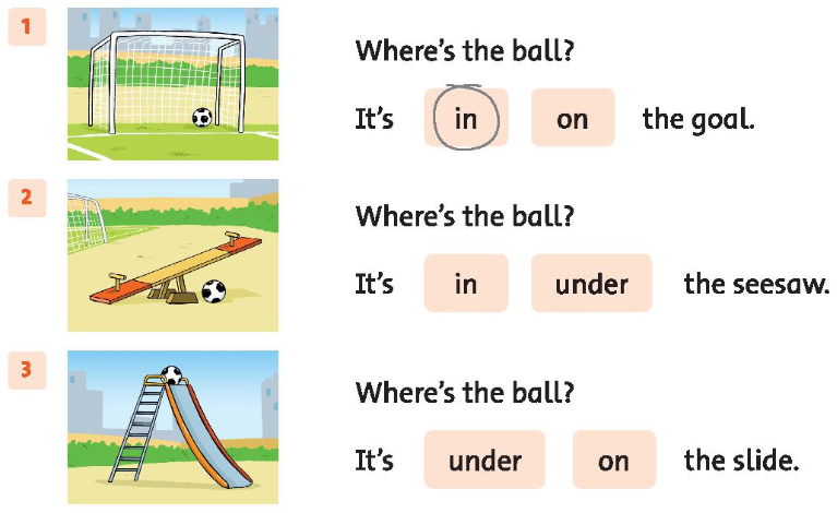 Lesson Six: Story - Unit 5 - SBT Tiếng Anh 2 - Family and Friends: Circle the correct word. (Khoanh tròn từ đúng. ) : in: ở trong on: ở trên under: ở dưới 3 2024061711081361 5