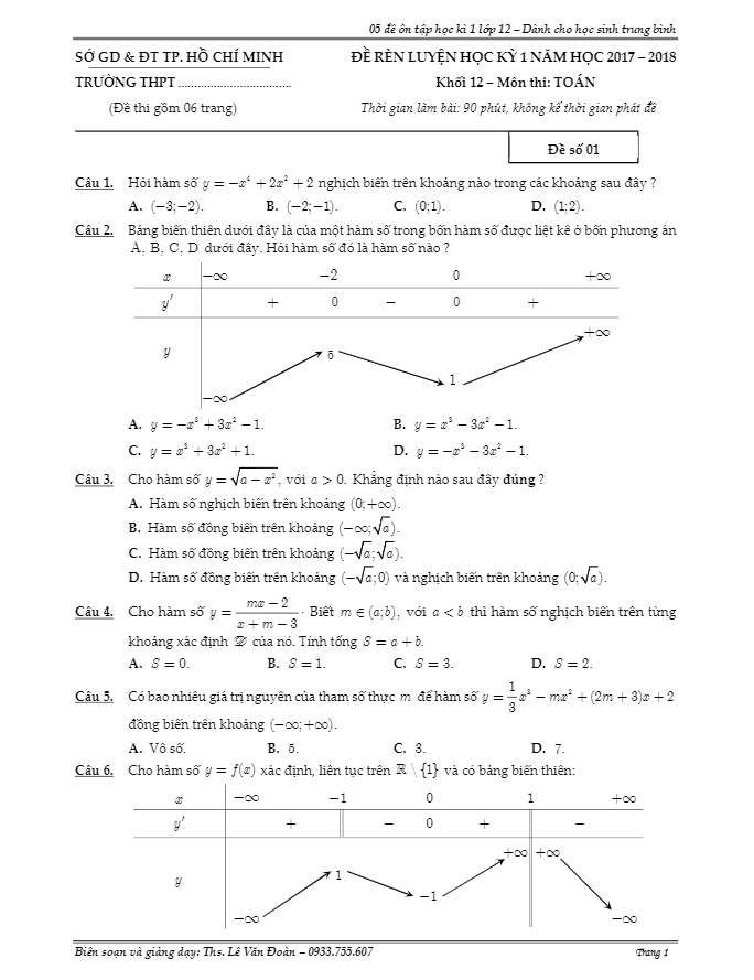 5 de ren luyen hki nam hoc 2017 2018 lop 12 mon toan danh cho hoc sinh trung binh le van doan d