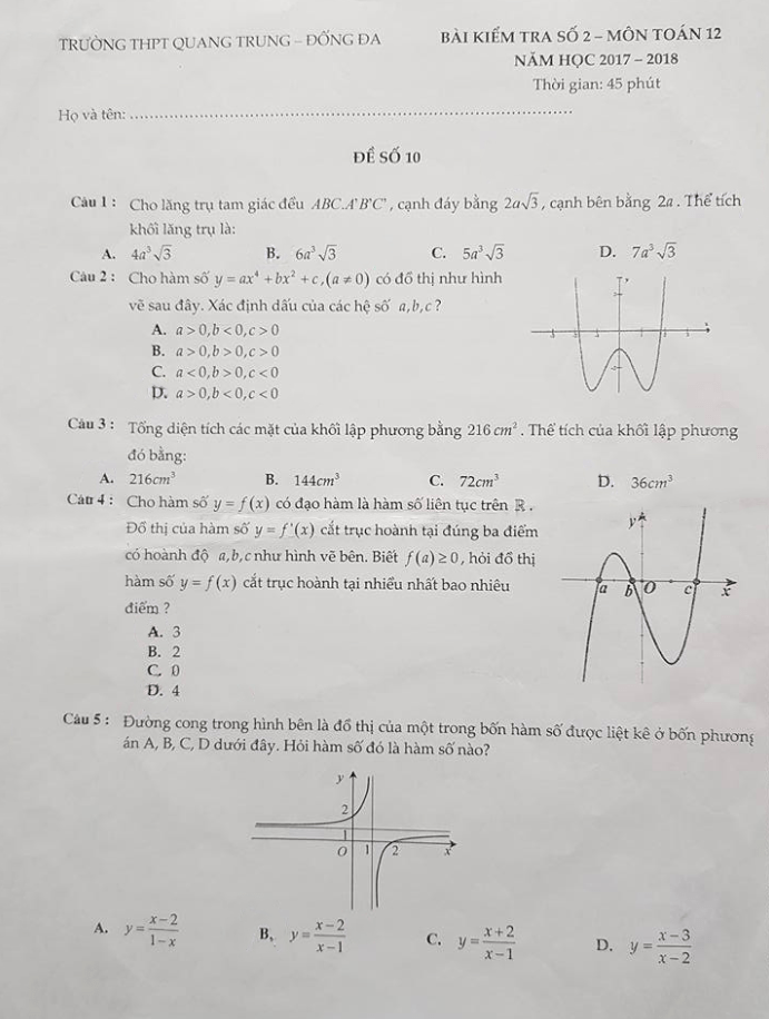 Bài kiểm tra số 2 lớp 12 môn Toán năm học 2017 2018 trường THPT Quang Trung Hà Nội 3 bai kiem tra so 2 lop 12 mon toan nam hoc 2017 2018 truong thpt quang trung ha noi d