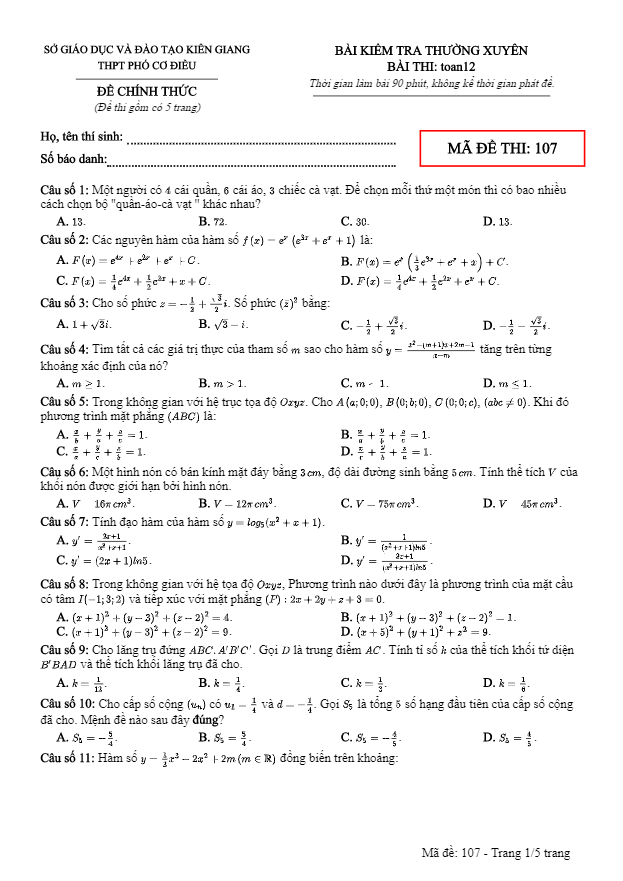 Bài kiểm tra thường xuyên lớp 12 môn Toán trường THPT Phó Cơ Điều Kiên Giang 7 bai kiem tra thuong xuyen lop 12 mon toan truong thpt pho co dieu kien giang d