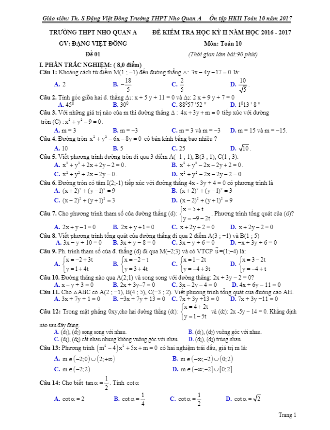 Bộ đề ôn tập học kì 2 (HK2) lớp 10 môn Toán năm học 2016 2017 trường THPT Nho Quan A Ninh Bình 6 bo de on tap hoc ki 2 hk2 lop 10 mon toan nam hoc 2016 2017 truong thpt nho quan a ninh binh d