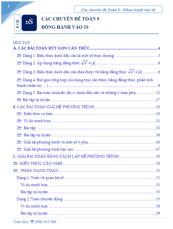 cac chuyen de lop 10 mon toan on thi vao d