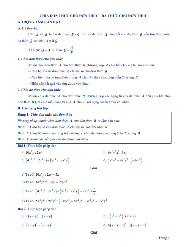 Chuyên đề chia đơn thức cho đơn thức, chia đa thức cho đơn thức 5 chuyen de chia don thuc cho don thuc chia da thuc cho don thuc d
