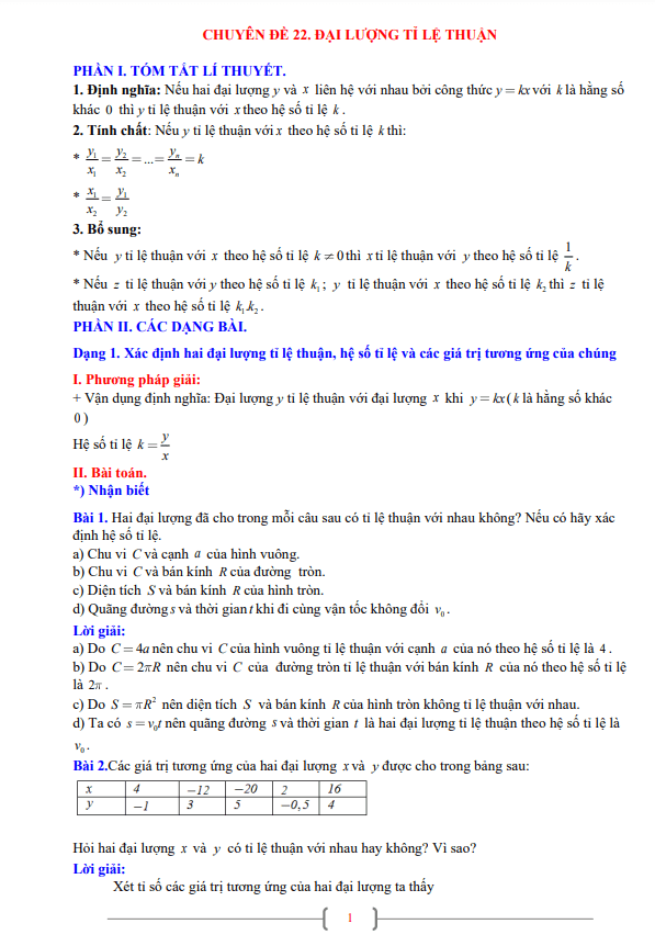 Chuyên đề đại lượng tỉ lệ thuận lớp 7 môn Toán 3 chuyen de dai luong ti le thuan lop 7 mon toan d