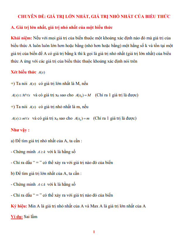 chuyen de gia tri lon nhat gia tri nho nhat cua bieu thuc boi duong hsg lop 8 mon toan d