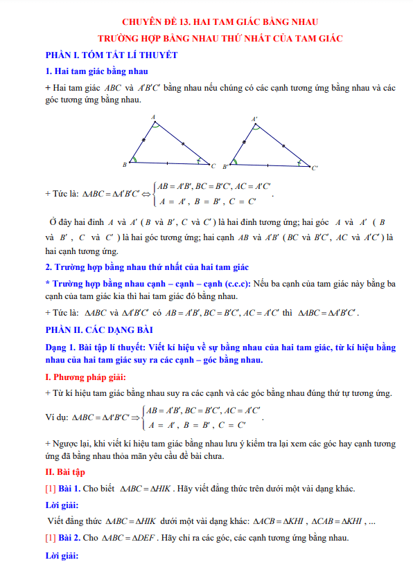 chuyen de hai tam giac bang nhau truong hop bang nhau thu nhat cua tam giac lop 7 mon toan d