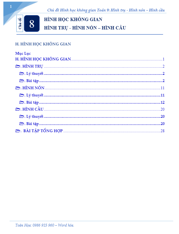 Chuyên đề hình học không gian lớp 9 môn Toán: Hình trụ Hình nón Hình cầu 1 chuyen de hinh hoc khong gian lop 9 mon toan hinh tru hinh non hinh cau d