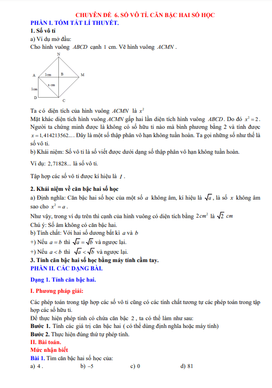 Chuyên đề số vô tỉ, căn bậc hai số học lớp 7 môn Toán 2 chuyen de so vo ti can bac hai so hoc lop 7 mon toan d