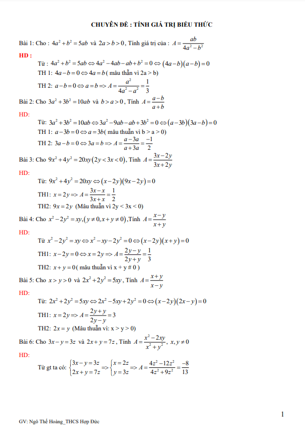 chuyen de tinh gia tri bieu thuc boi duong hoc sinh gioi lop 8 mon toan d