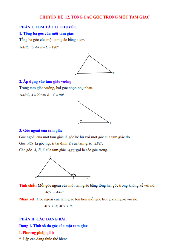 Chuyên đề tổng các góc trong một tam giác lớp 7 môn Toán 4 chuyen de tong cac goc trong mot tam giac lop 7 mon toan d