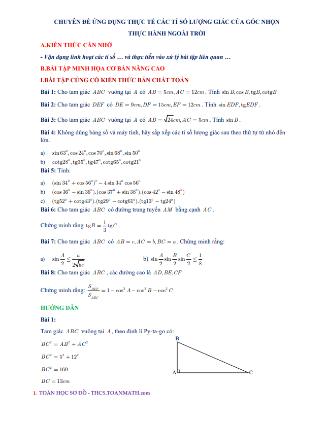 Chuyên đề ứng dụng thực tế các tỉ số lượng giác của góc nhọn, thực hành ngoài trời 6 chuyen de ung dung thuc te cac ti so luong giac cua goc nhon thuc hanh ngoai troi d