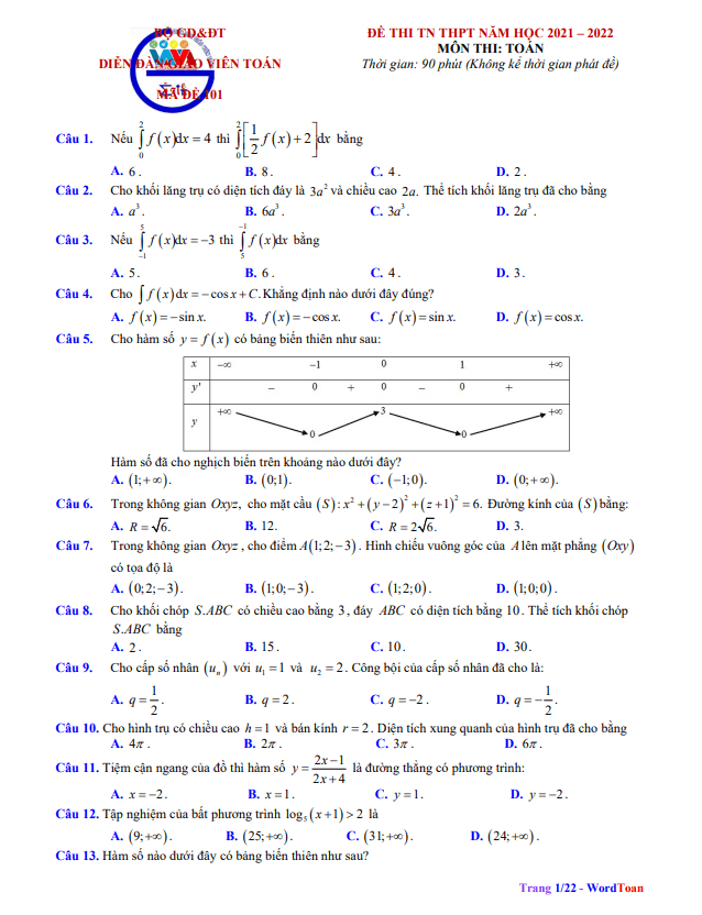 dap an va loi giai chi tiet de chinh thuc tot nghiep thpt 2022 mon toan d