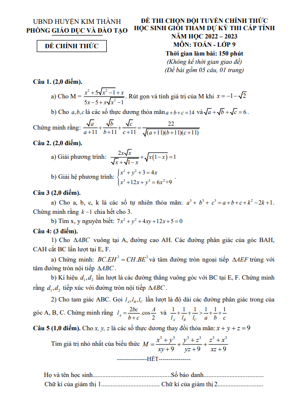 de chon doi tuyen hsg lop 9 mon toan nam 2022 2023 phong gd dt kim thanh hai duong d