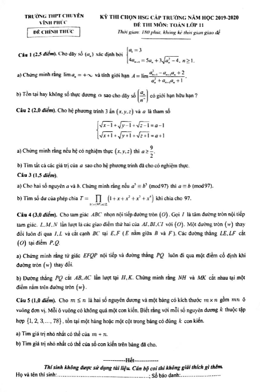 de chon hsg lop 11 mon toan cap truong nam 2019 2020 truong thpt chuyen vinh phuc d