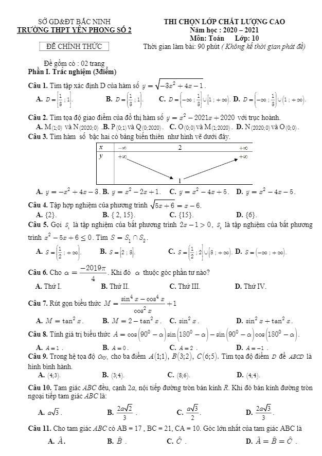 de chon lop chat luong cao toan 10 nam 2020 2021 truong yen phong 2 bac ninh d