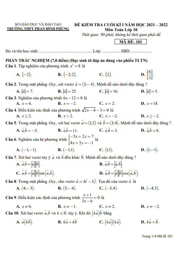 de cuoi hoc ki 1 hk1 lop 10 mon toan nam 2021 2022 truong thpt phan dinh phung quang binh d