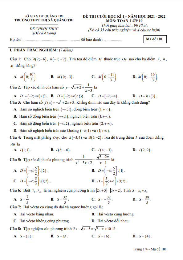 de cuoi hoc ki 1 hk1 lop 10 mon toan nam 2021 2022 truong thpt thi xa quang tri d