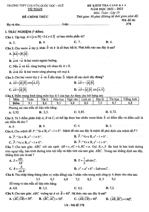 de cuoi hoc ki 1 hk1 lop 10 mon toan nam 2022 2023 truong thpt chuyen quoc hoc hue d