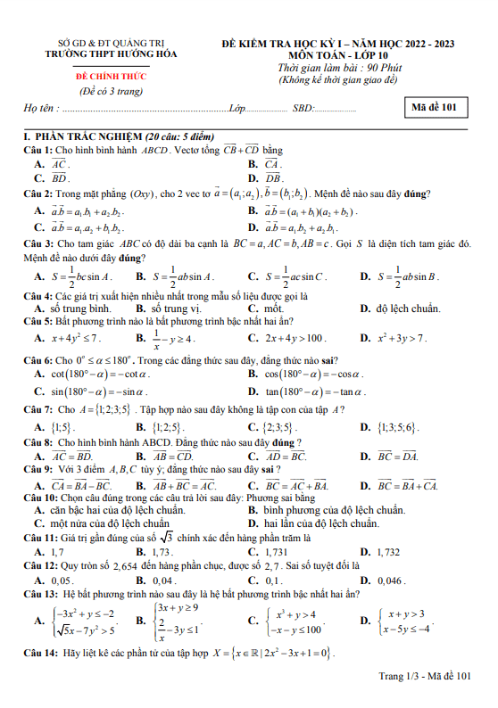 de cuoi hoc ki 1 hk1 lop 10 mon toan nam 2022 2023 truong thpt huong hoa quang tri d