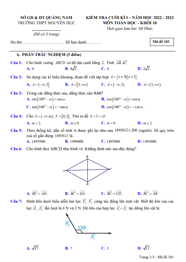 de cuoi hoc ki 1 hk1 lop 10 mon toan nam 2022 2023 truong thpt nguyen duc quang nam d
