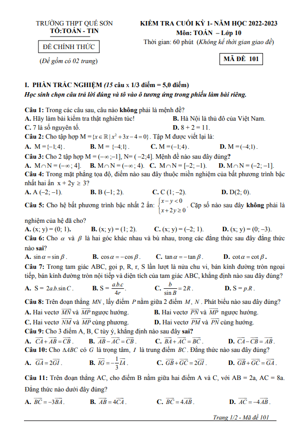 de cuoi hoc ki 1 hk1 lop 10 mon toan nam 2022 2023 truong thpt que son quang nam d