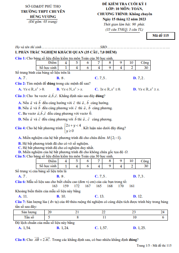 de cuoi hoc ki 1 hk1 lop 10 mon toan nam 2023 2024 truong thpt chuyen hung vuong phu tho d