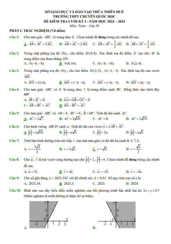 de cuoi hoc ki 1 hk1 lop 10 mon toan nam 2023 2024 truong thpt chuyen quoc hoc hue d