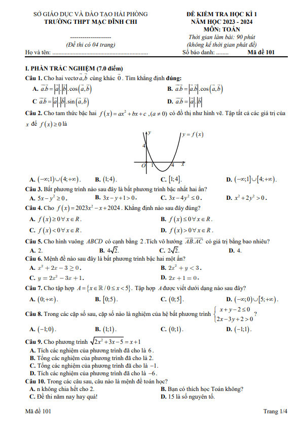 Đề cuối học kì 1 (HK1) lớp 10 môn Toán năm 2023 2024 trường THPT Mạc Đĩnh Chi Hải Phòng 4 de cuoi hoc ki 1 hk1 lop 10 mon toan nam 2023 2024 truong thpt mac dinh chi hai phong d